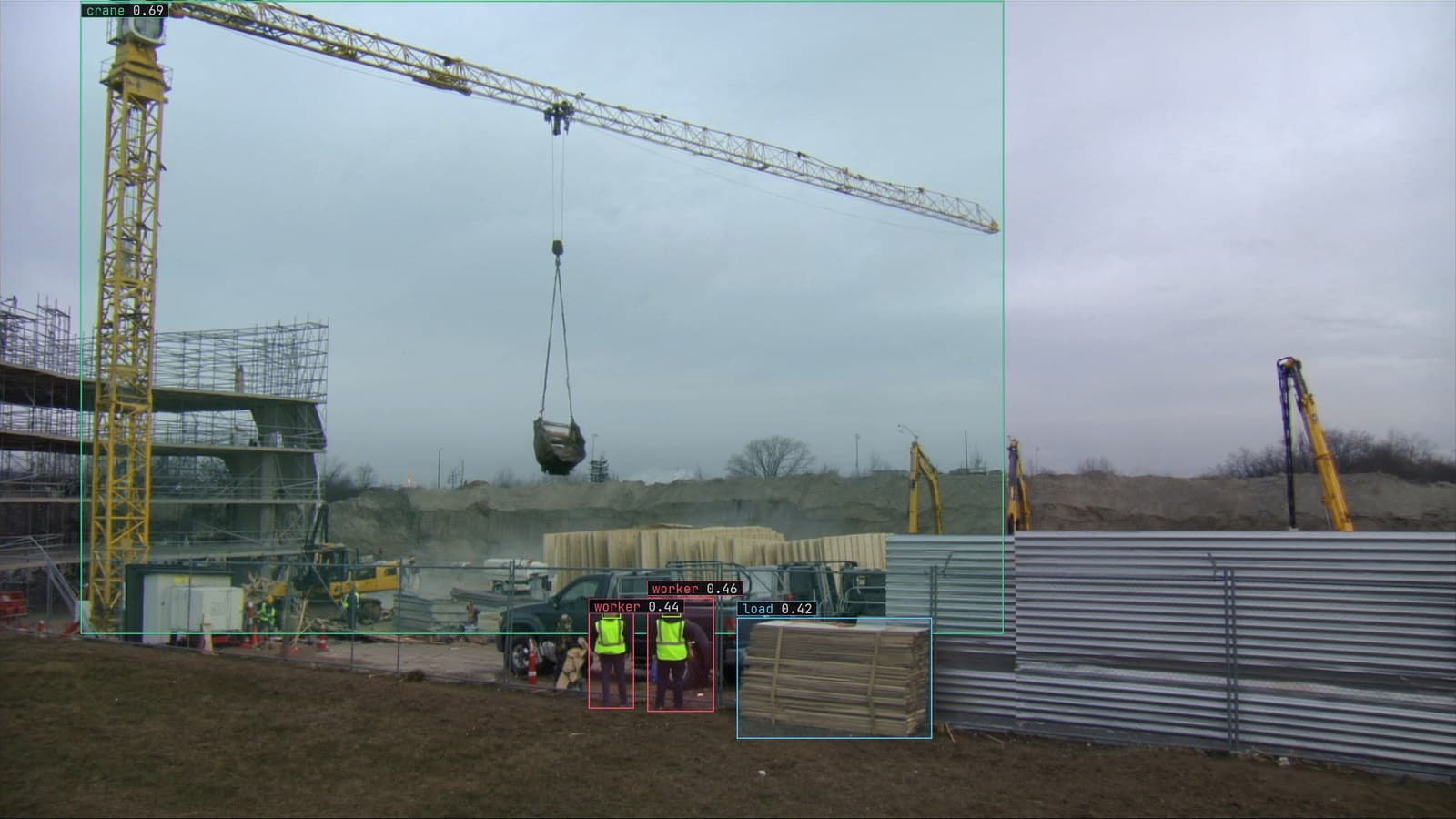 Crane lift over a fenced area from a pole camera, crane, load, hard hats and workers boxed, generated scene with detections from our model