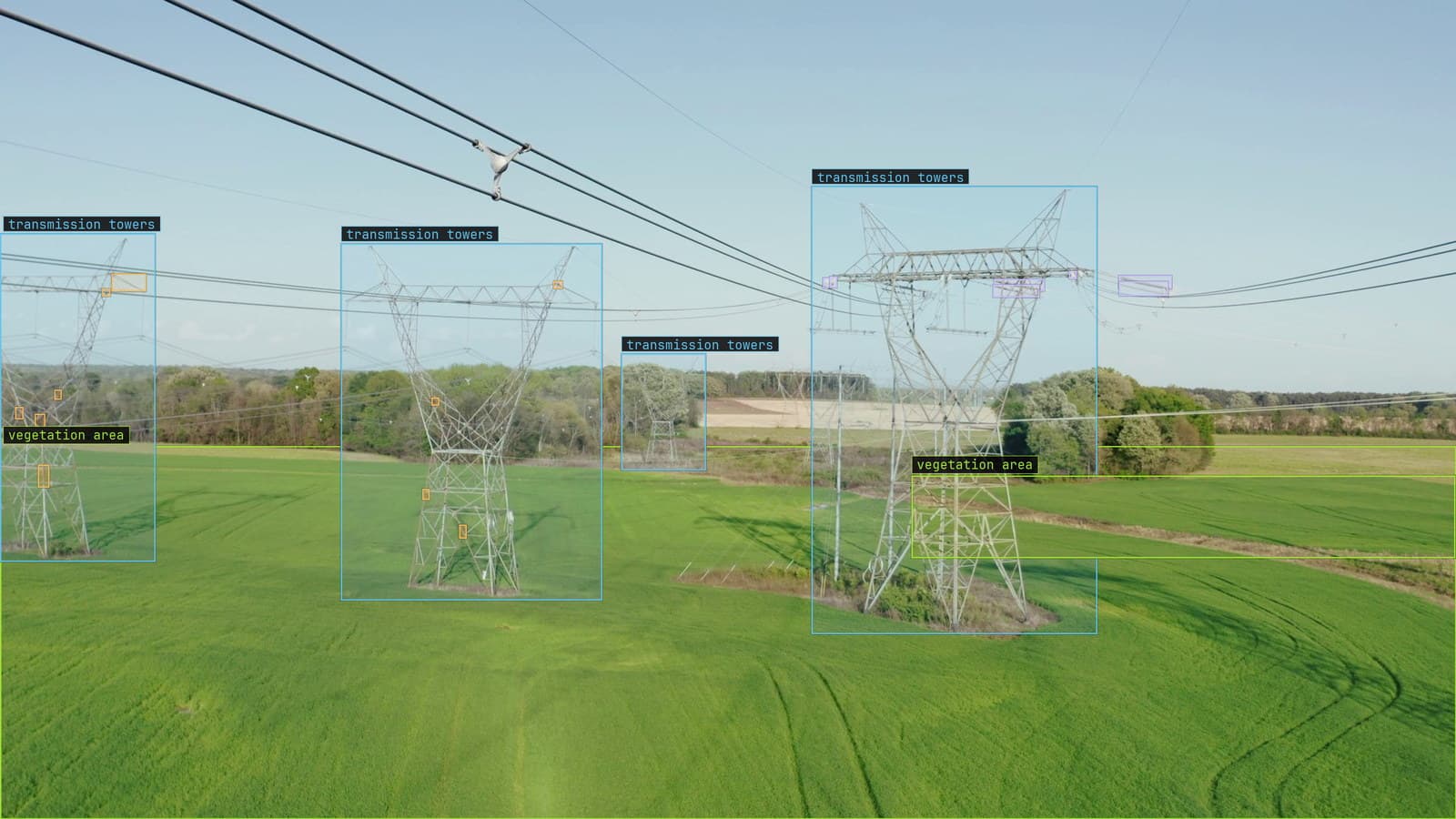 Transmission line over farmland, encroaching vegetation marked near the conductors, from a customer aerial survey