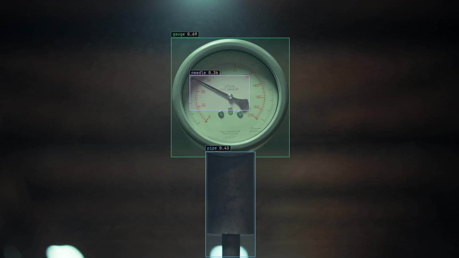 Analog gauge on a plant pipe, generated scene with detections from our model