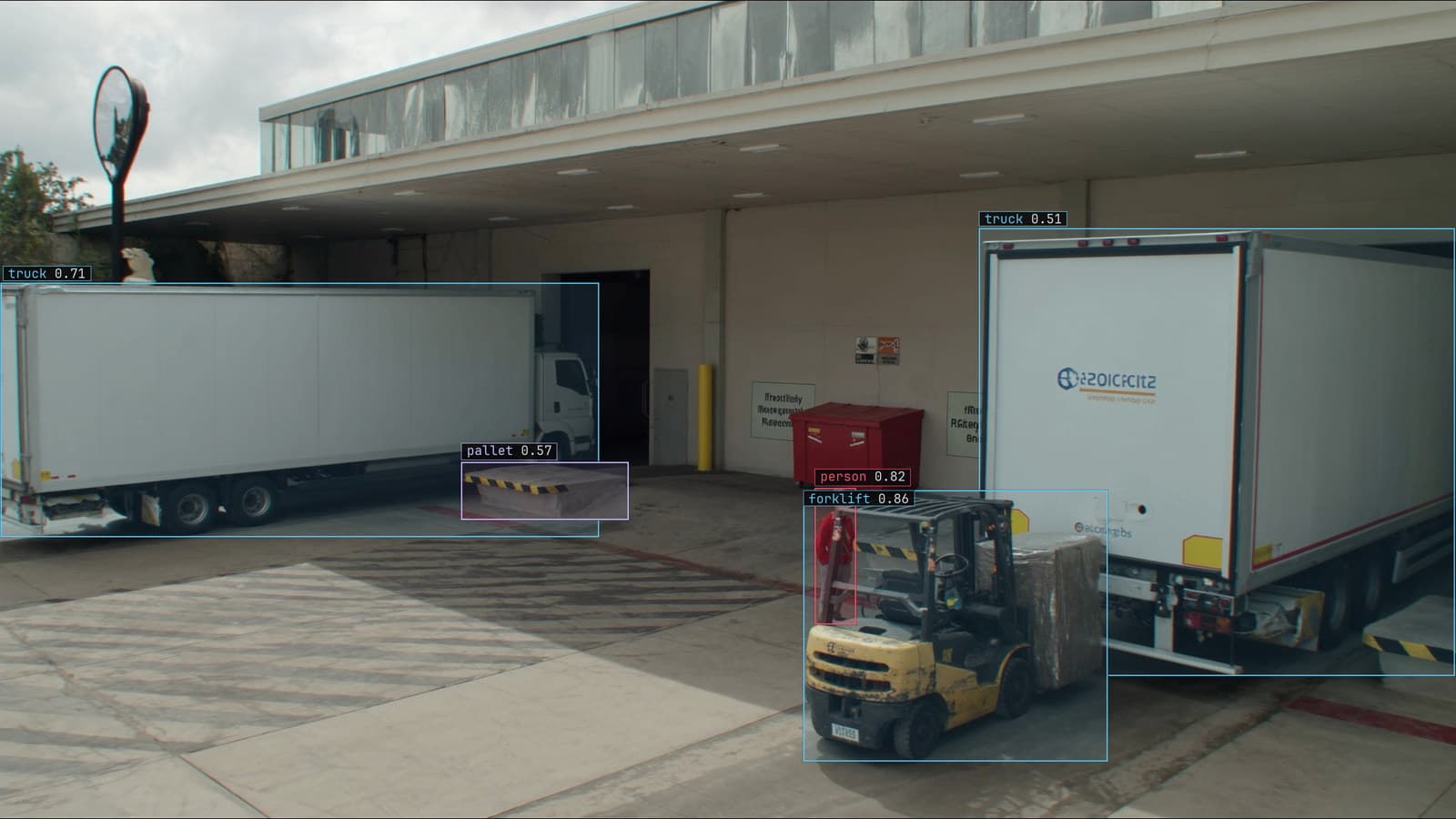 Loading dock with trucks at the bays and a forklift carrying a pallet, generated scene with detections from our model