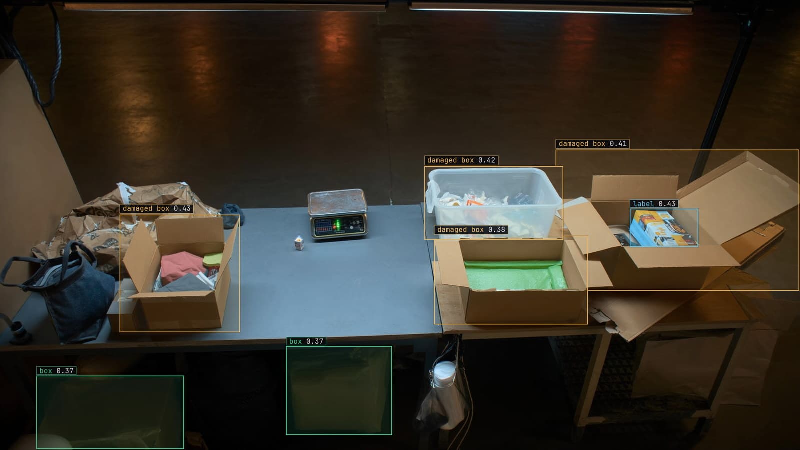 Packing bench with boxes and labels boxed, generated scene with detections from our model