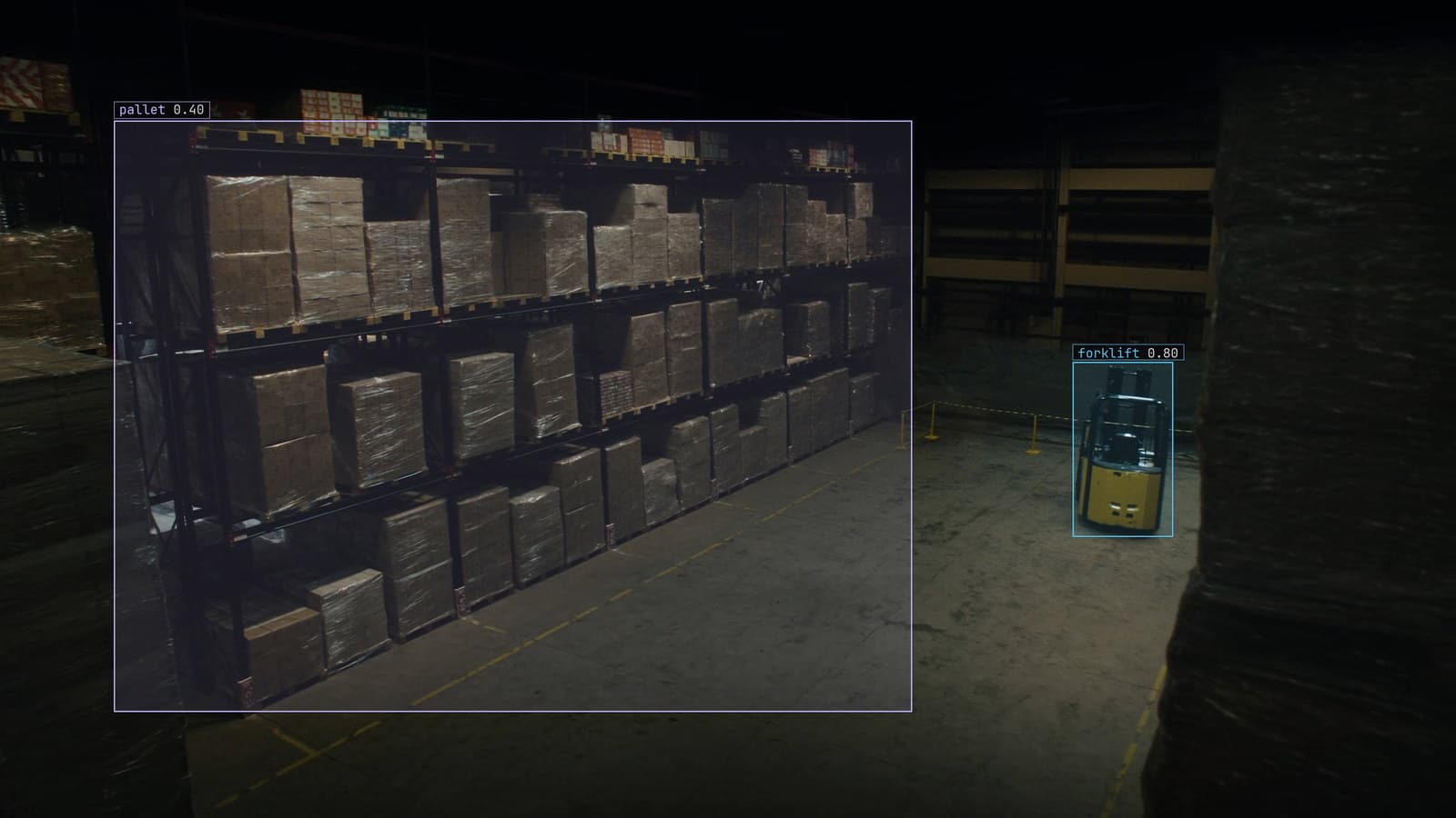 Warehouse aisle with racked pallets from a high camera, forklift and pallet boxed, generated scene with detections from our model