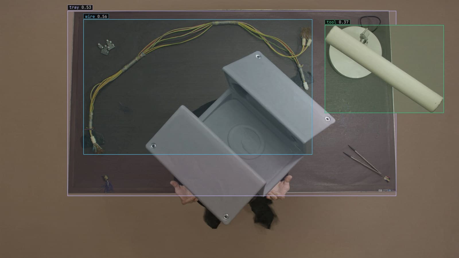 Assembly station with the tool, tray and loom wire boxed, generated scene with detections from our model