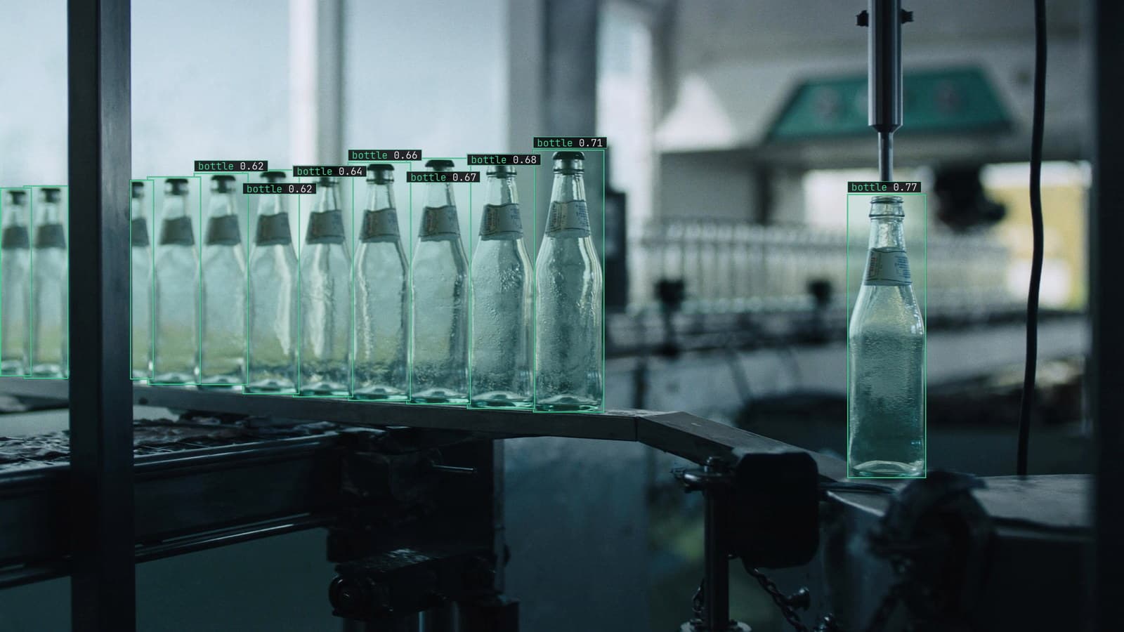 Bottling line, bottles queued under the fill head, generated scene with detections from our model