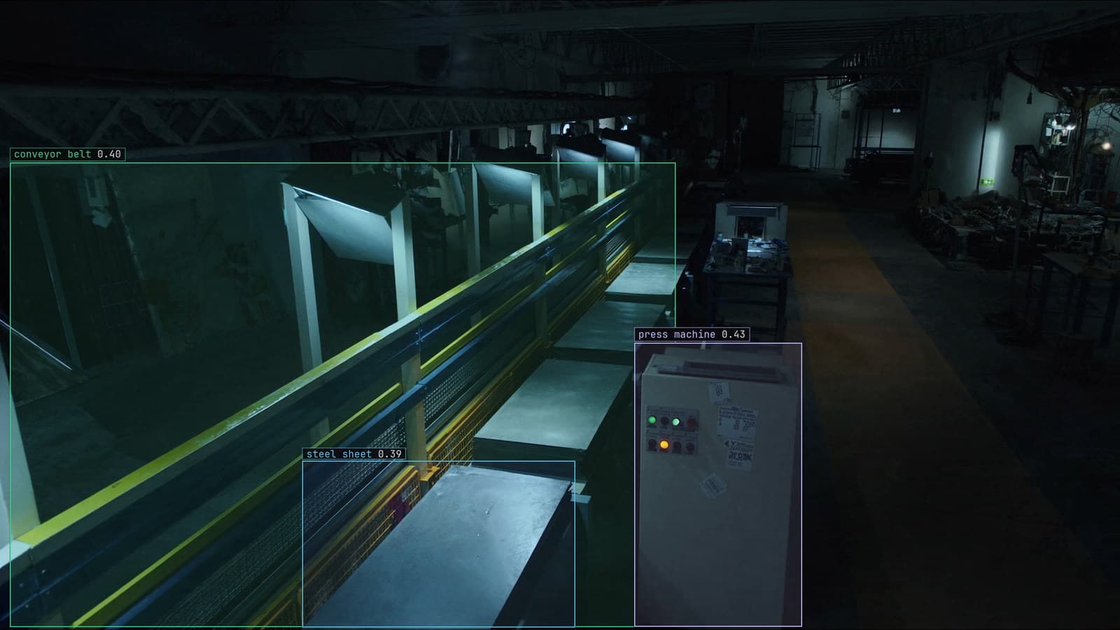 Stamping line with steel panels on a conveyor passing an inspection station, generated scene with detections from our model