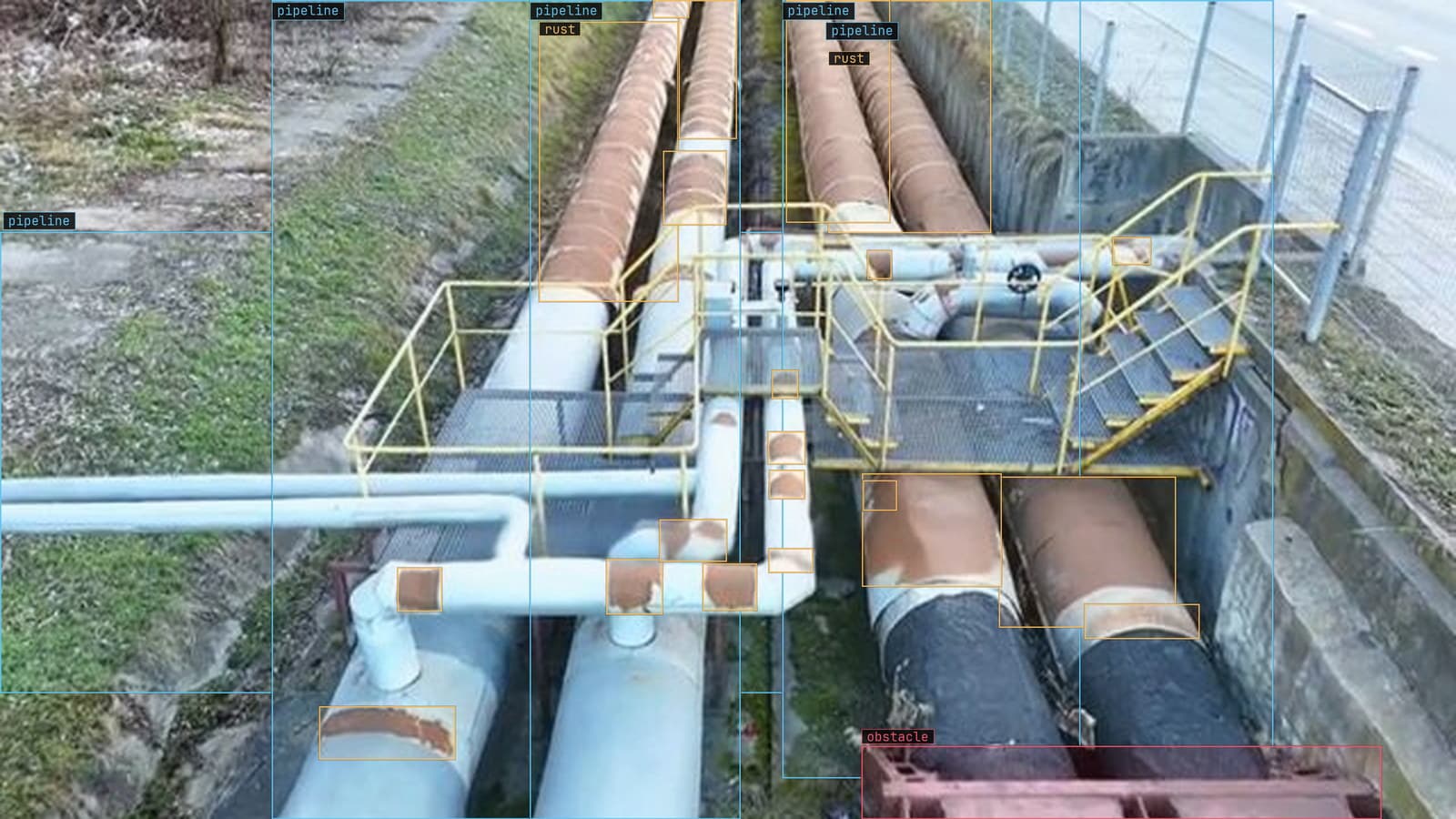 Pipe rack with rust marked along five pipe sections, from a customer inspection run