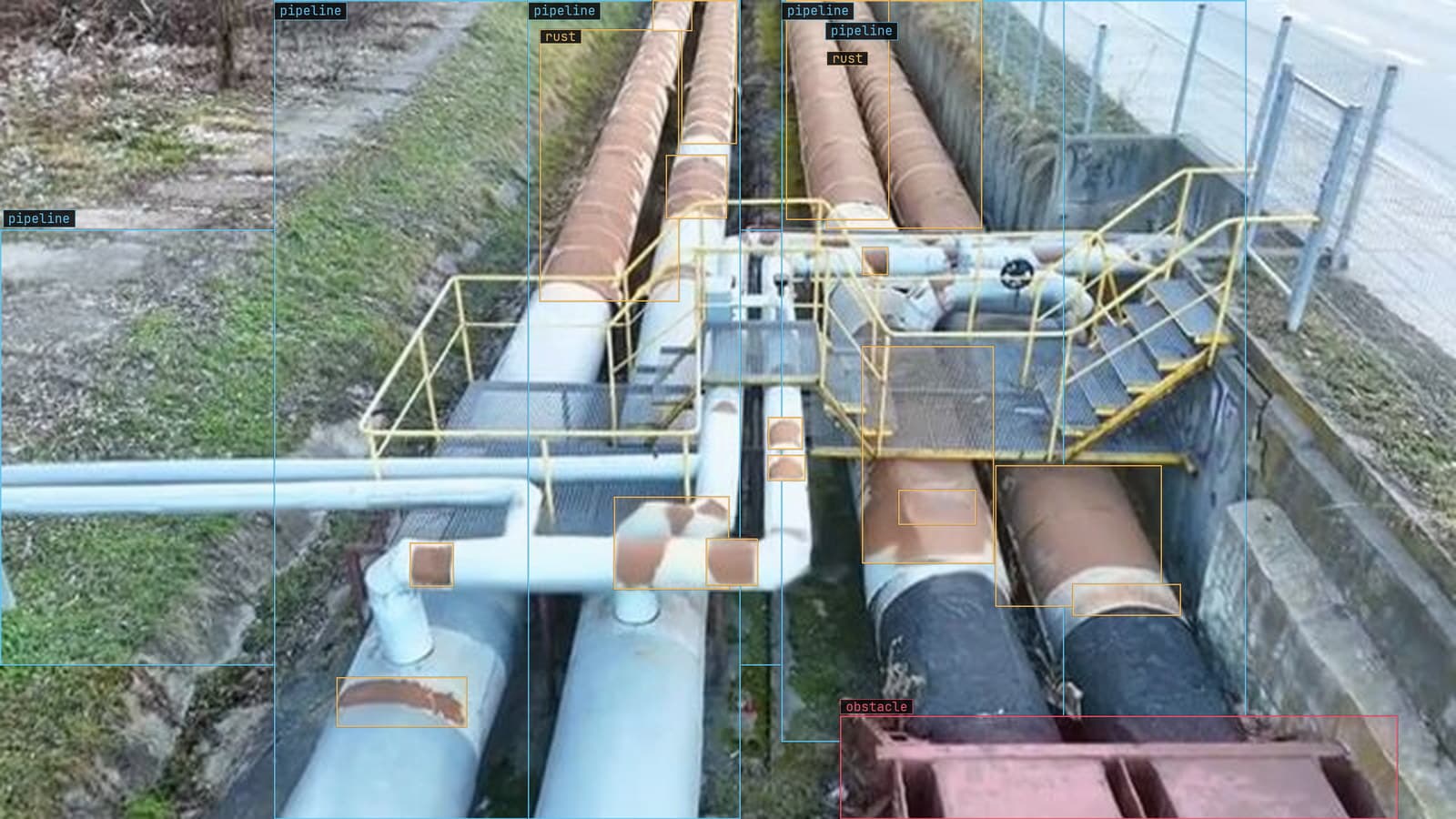 Pipe rack at a walkway crossing inside a plant, rust and a dent boxed, from a customer inspection run