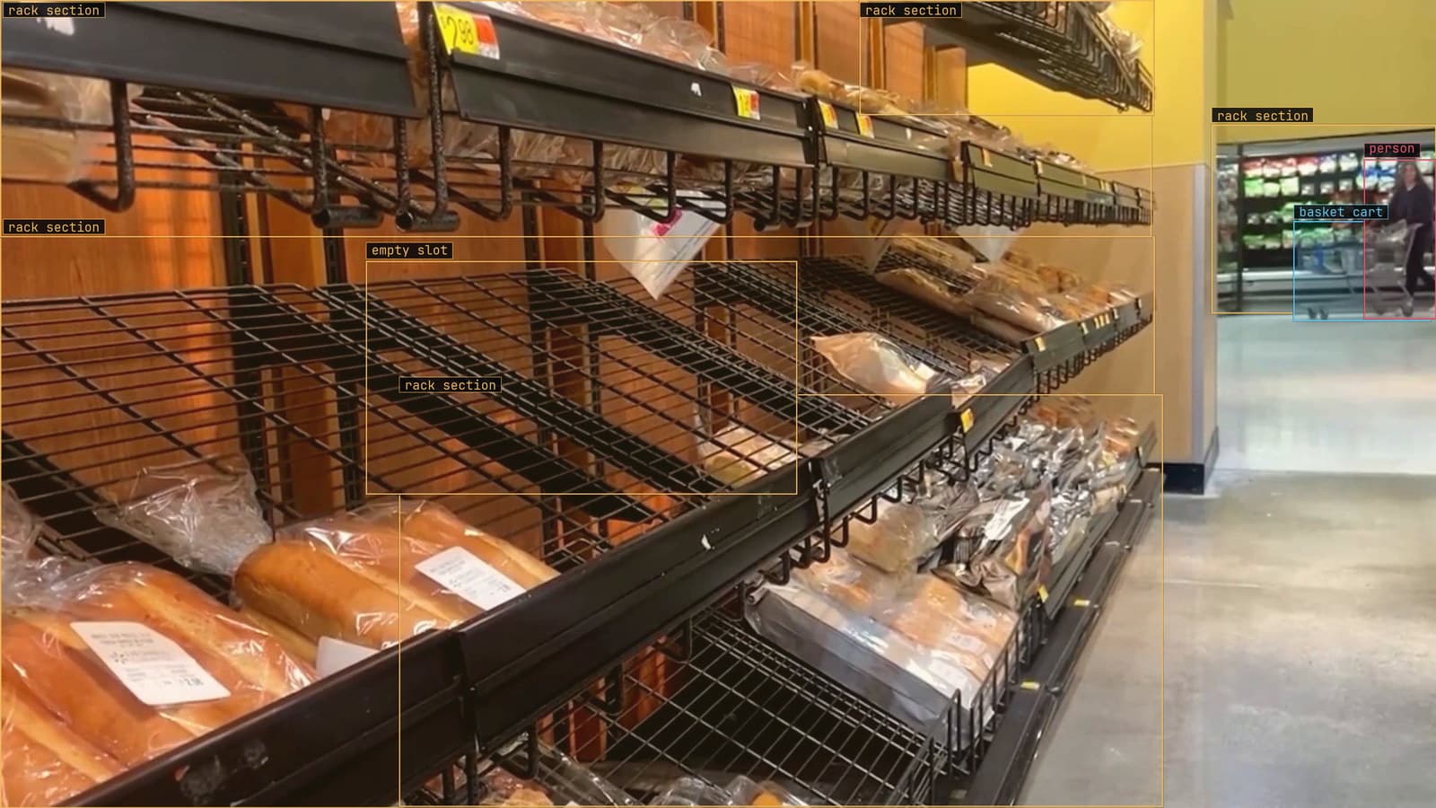 Bread shelf with an empty slot flagged and the rack sections boxed, from a customer store camera