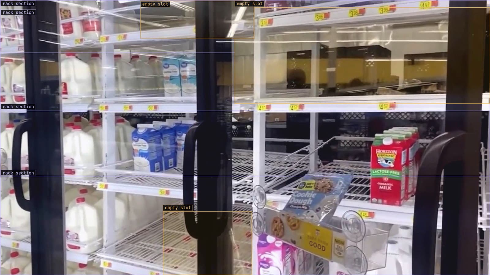 Milk shelf with three empty slots flagged and the rack sections boxed, from a customer store camera
