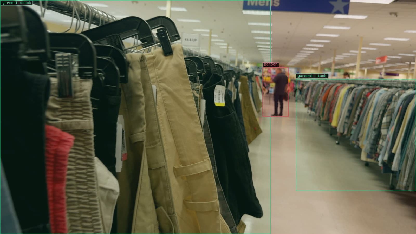 Garment stacks boxed on a rack scan, from a customer store camera