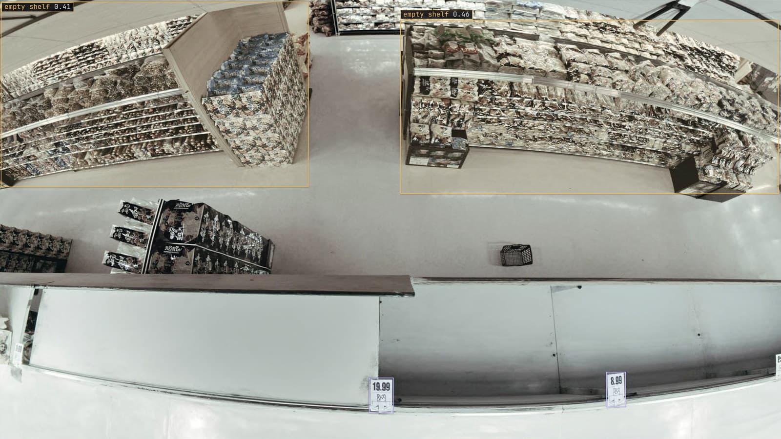 Supermarket shelf with price labels and an empty facing boxed, generated scene with detections from our model