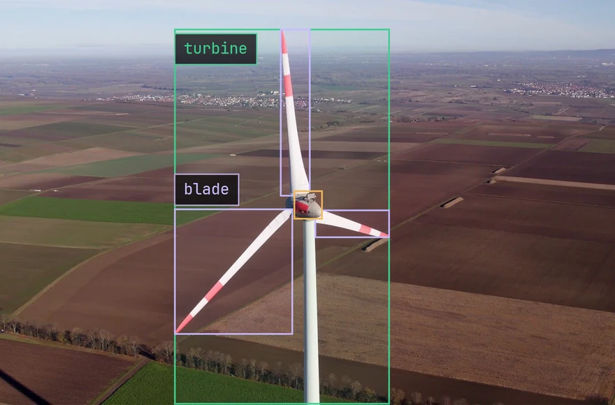 Frame 146 of the wind turbine inspection, with the turbine, blade and nacelle boxes drawn